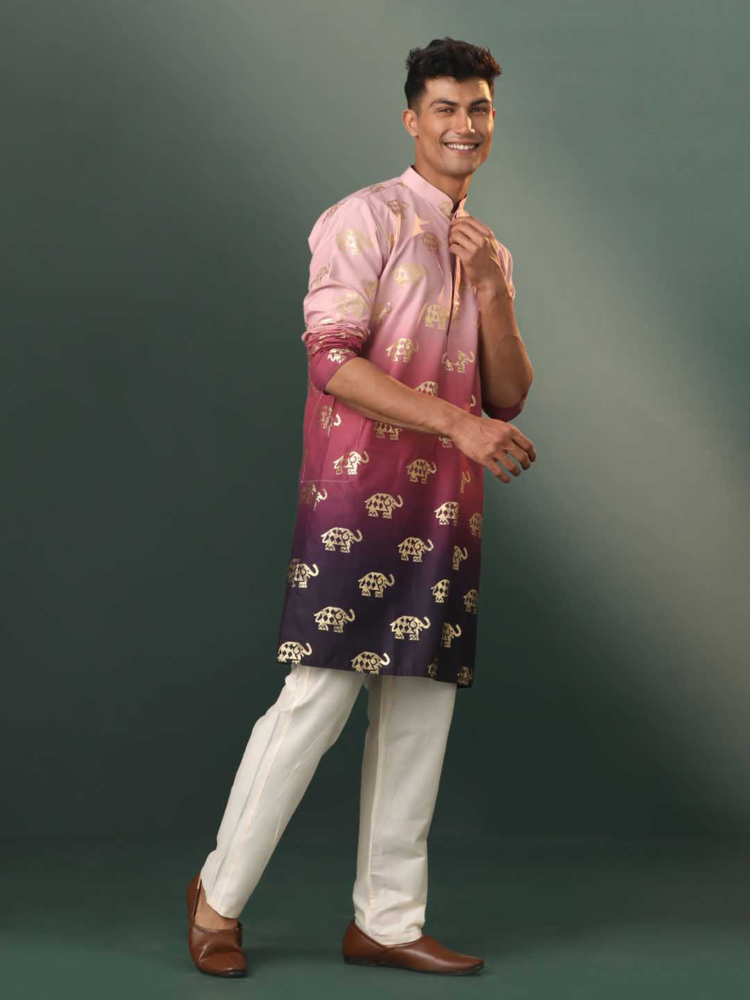 Men's Ombre Elephant Motif Print Cotton Blend Kurta Pyjama Set