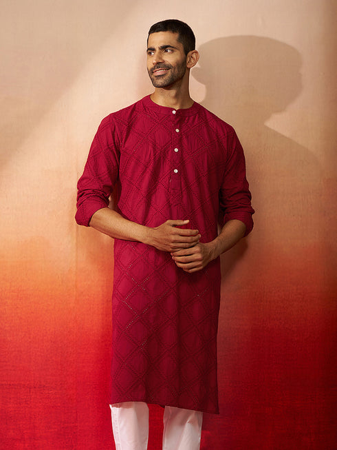 Vastramay Men Red Cotton Band Collar Kurta