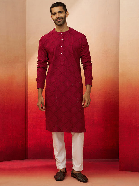 Vastramay Men Red Cotton Band Collar Kurta