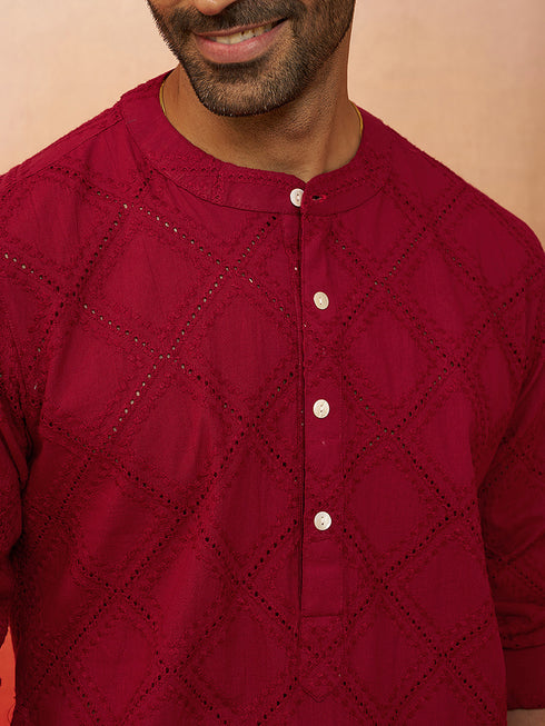 Men's Red Thread Embroidered Kurta with Pyjama