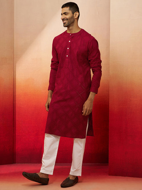 Men's Red Thread Embroidered Kurta with Pyjama