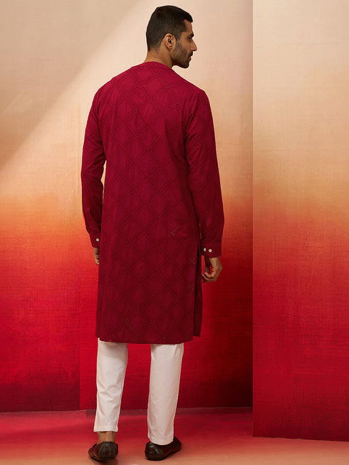 Men's Red Thread Embroidered Kurta with Pyjama
