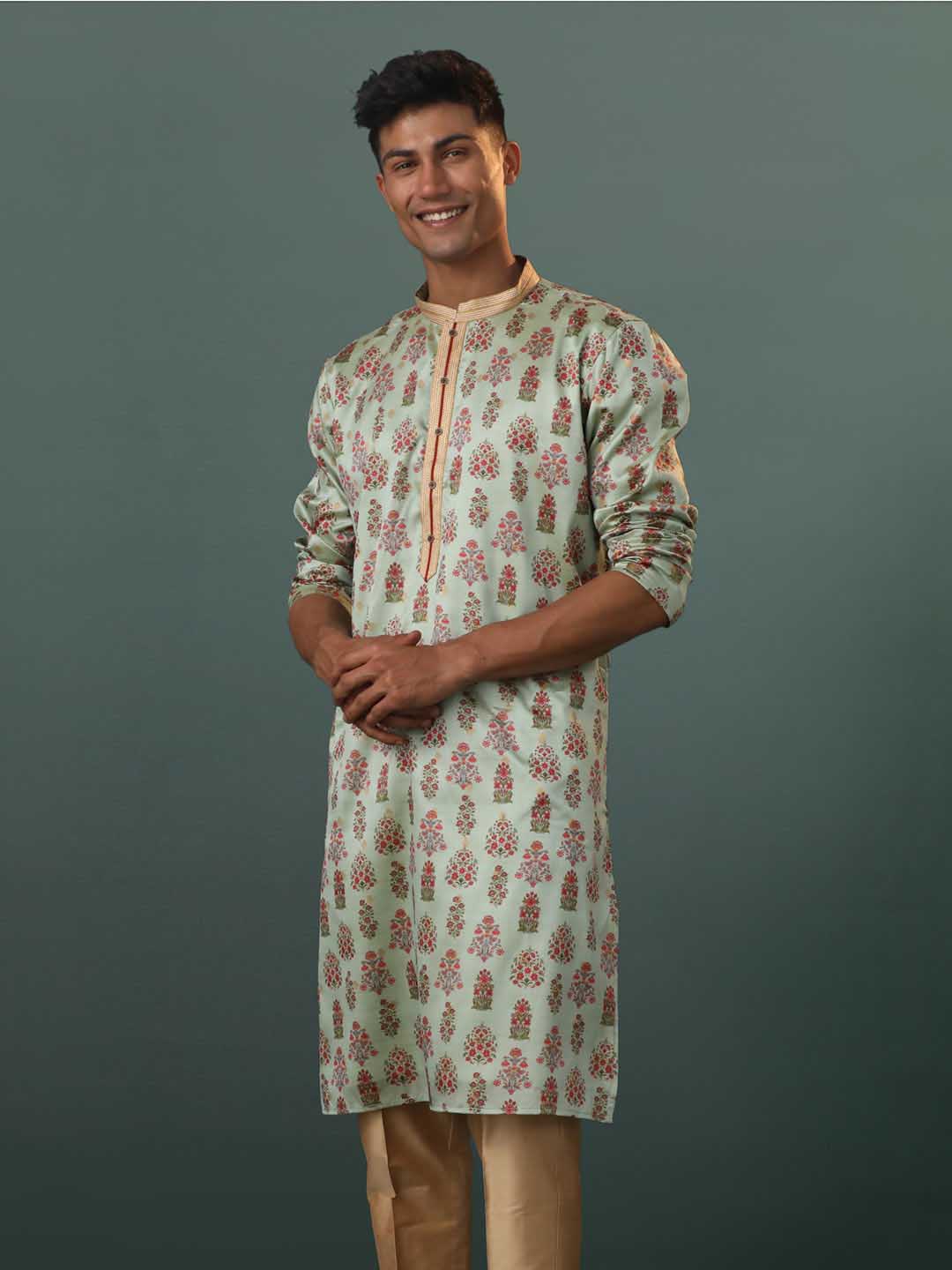 Men's Aqua Silk Blend Floral Printed Kurta