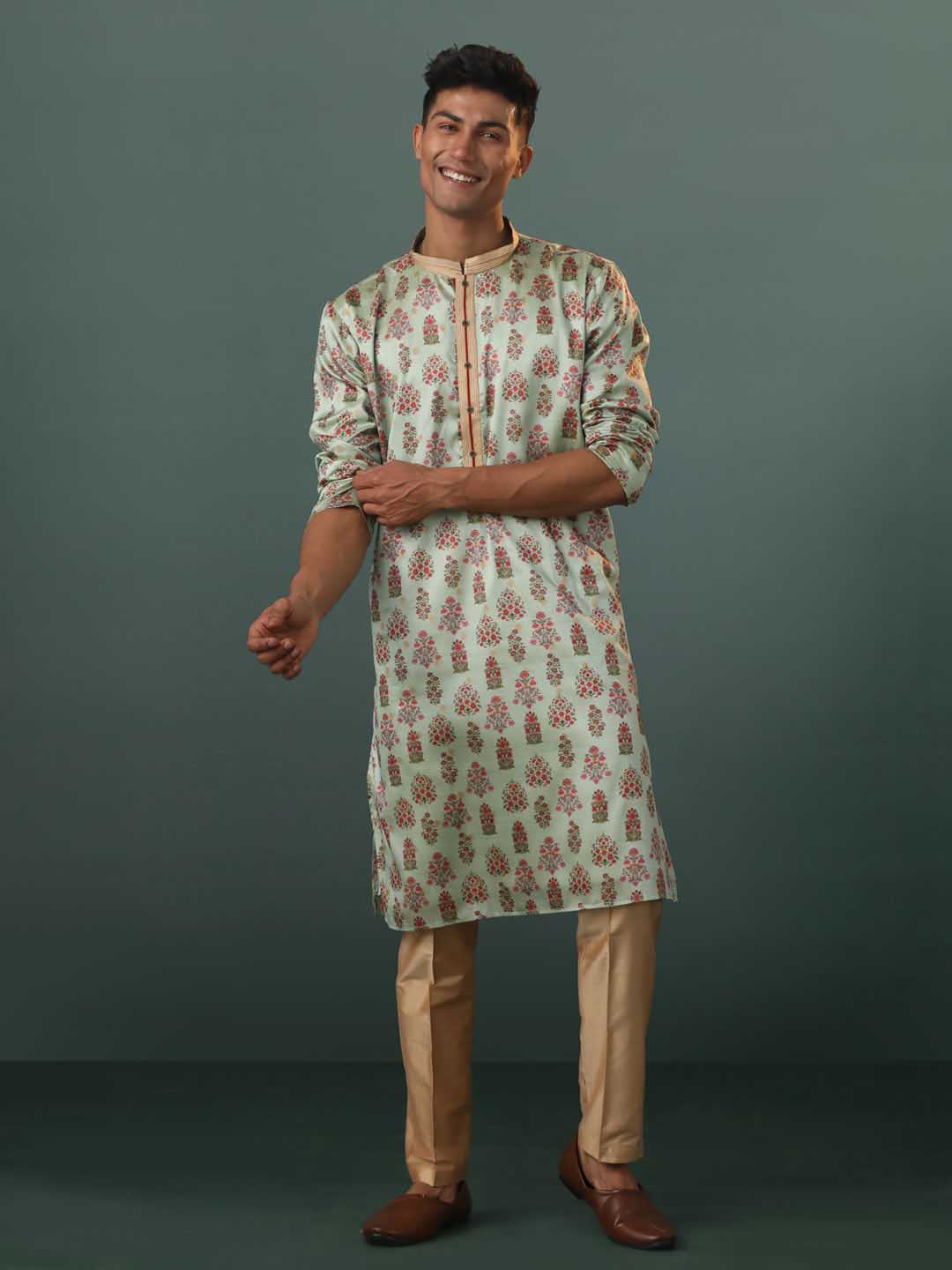 Men's Aqua Silk Blend Floral Printed Kurta