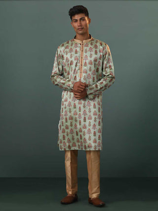 VASTRAMAY Me's Aqua Silk Blend Floral Printed Kurta With Pant Set