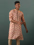 Men's Peach Silk Blend Floral Printed Kurta
