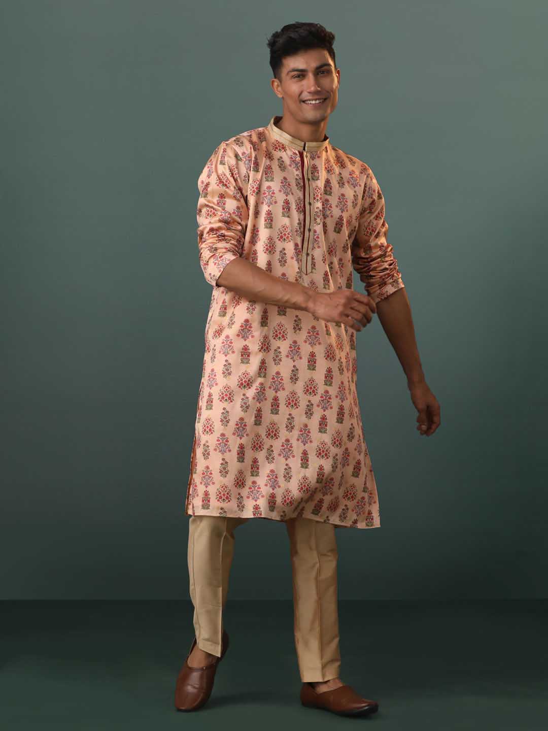 Men's Peach Silk Blend Floral Printed Kurta With Pant Set
