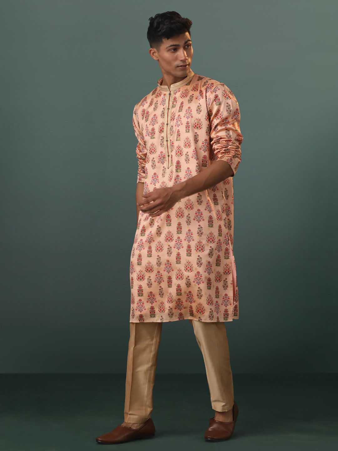 Men's Peach Silk Blend Floral Printed Kurta With Pant Set