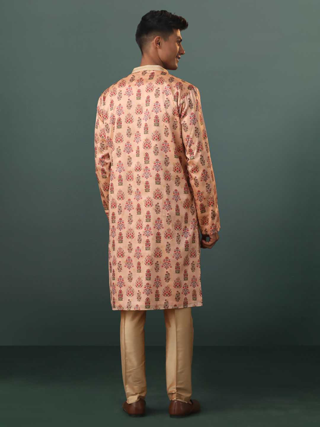 Men's Peach Silk Blend Floral Printed Kurta With Pant Set