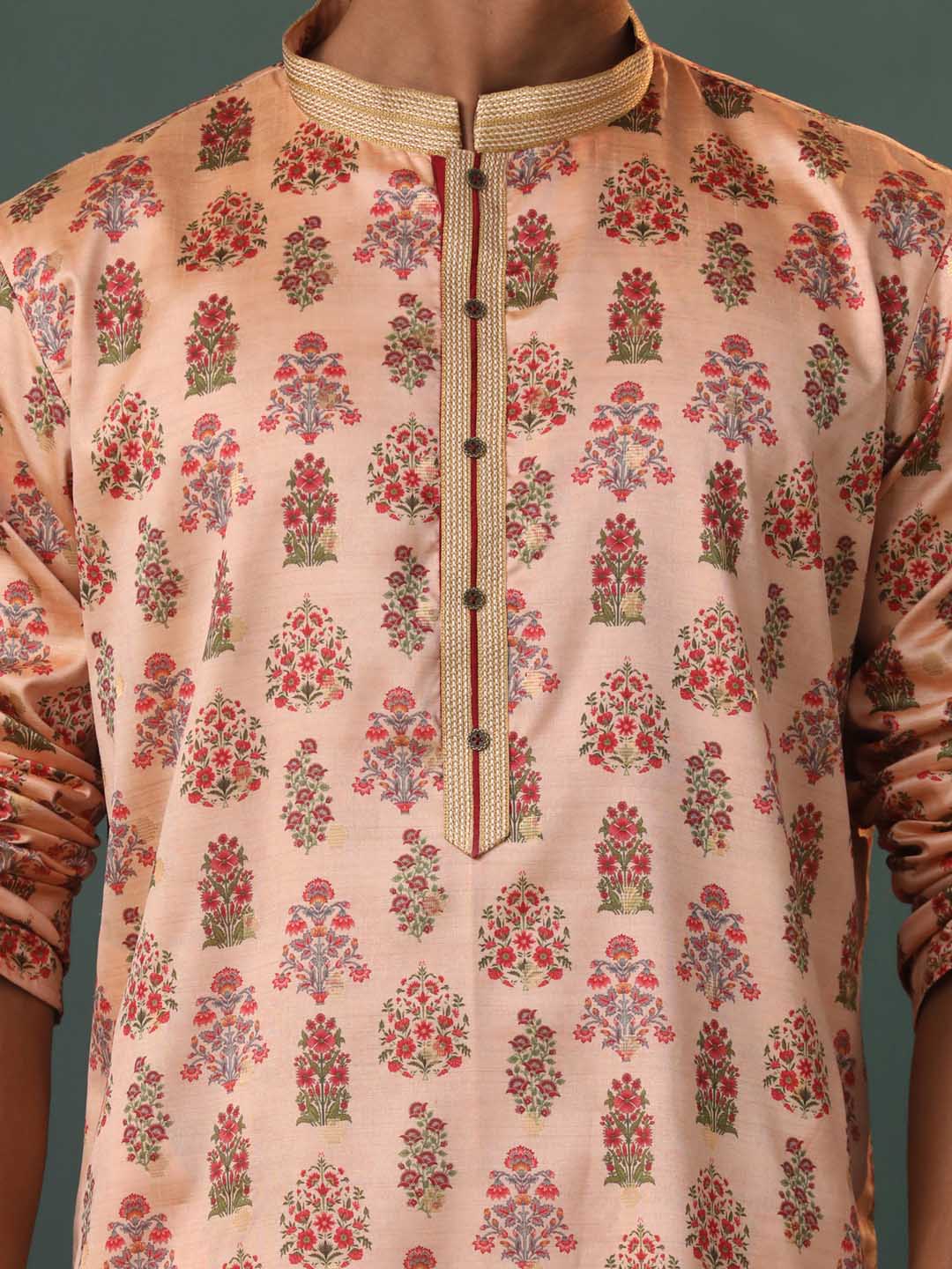 Men's Peach Silk Blend Floral Printed Kurta With Pant Set