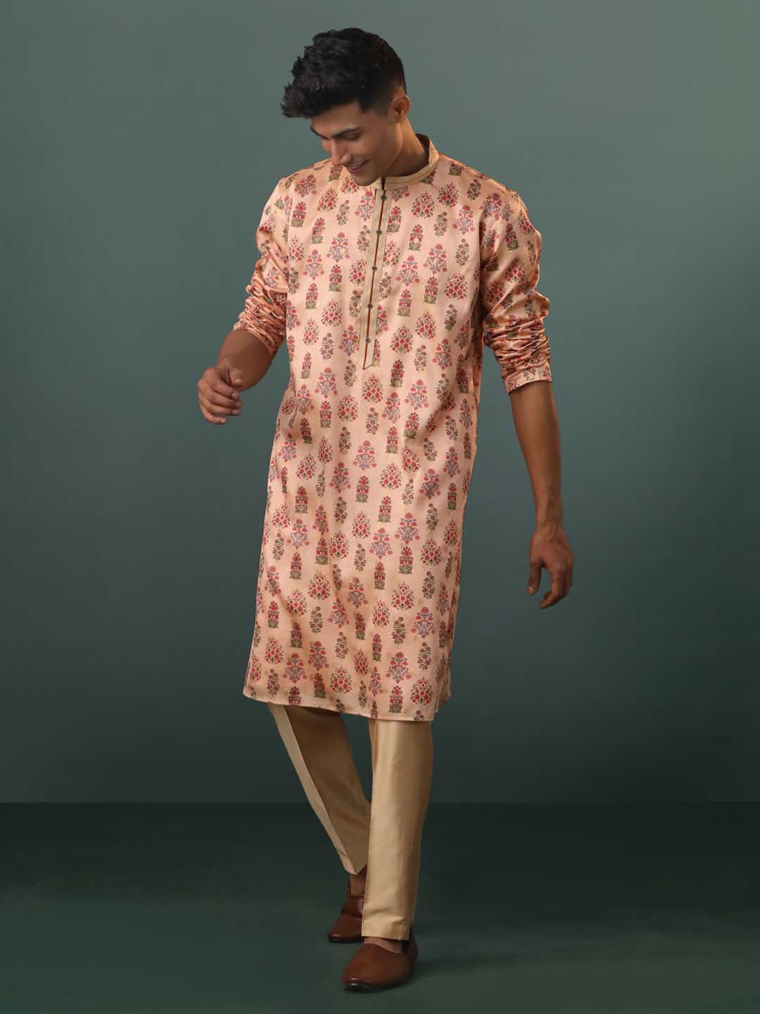 Men's Peach Silk Blend Floral Printed Kurta With Pant Set
