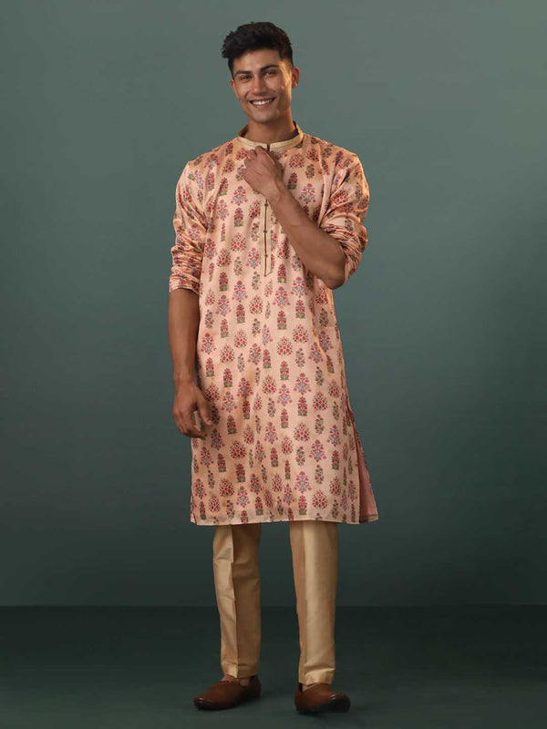 Men's Peach Silk Blend Floral Printed Kurta With Pant Set