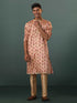 Men's Peach Silk Blend Floral Printed Kurta With Pant Set