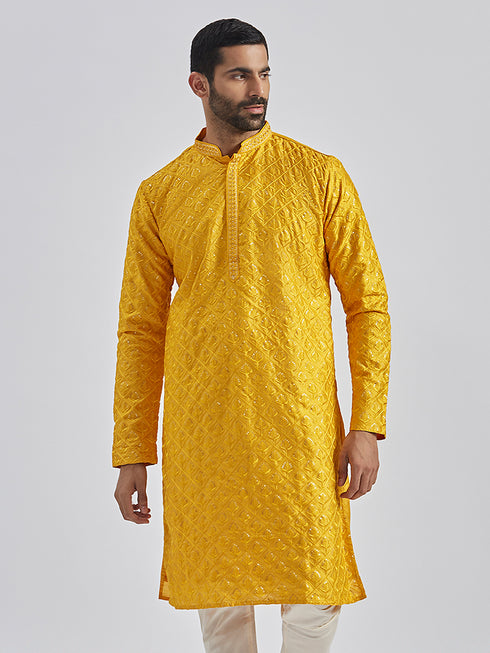 Men's Yellow Silk Blend Kurta