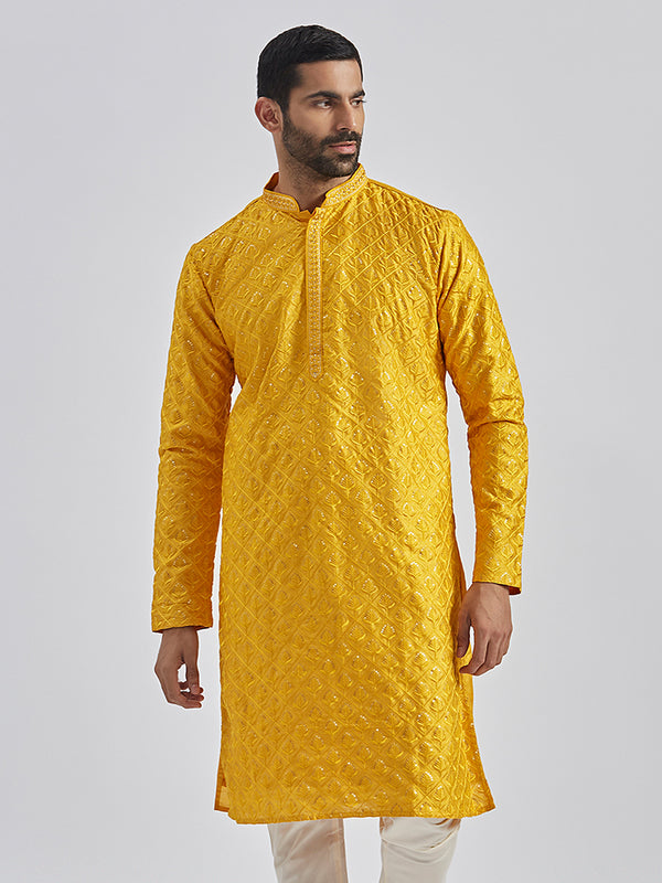 Men's Yellow Silk Blend Kurta