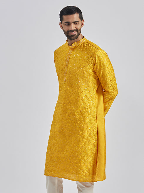Men's Yellow Silk Blend Kurta