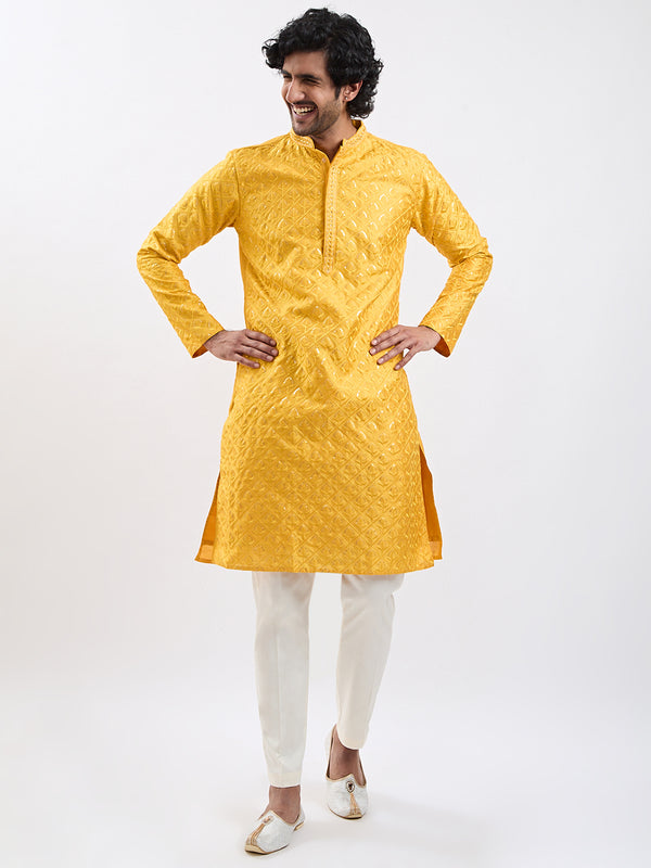 Men's Yellow And Cream Silk Blend Kurta Pyjama Set