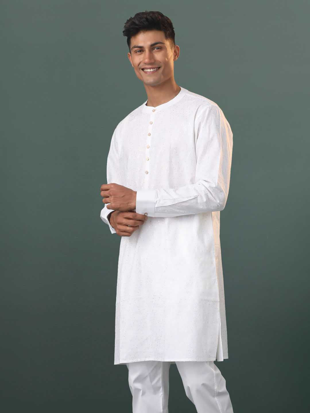Men's Cream Cotton Embellished Kurta