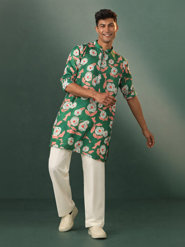 Green Floral Cotton-Blend Kurta Pant Set for Men