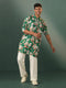 Men Green Floral Printed Plain Thigh Length Kurta Pant Set with Wide Leg Pant