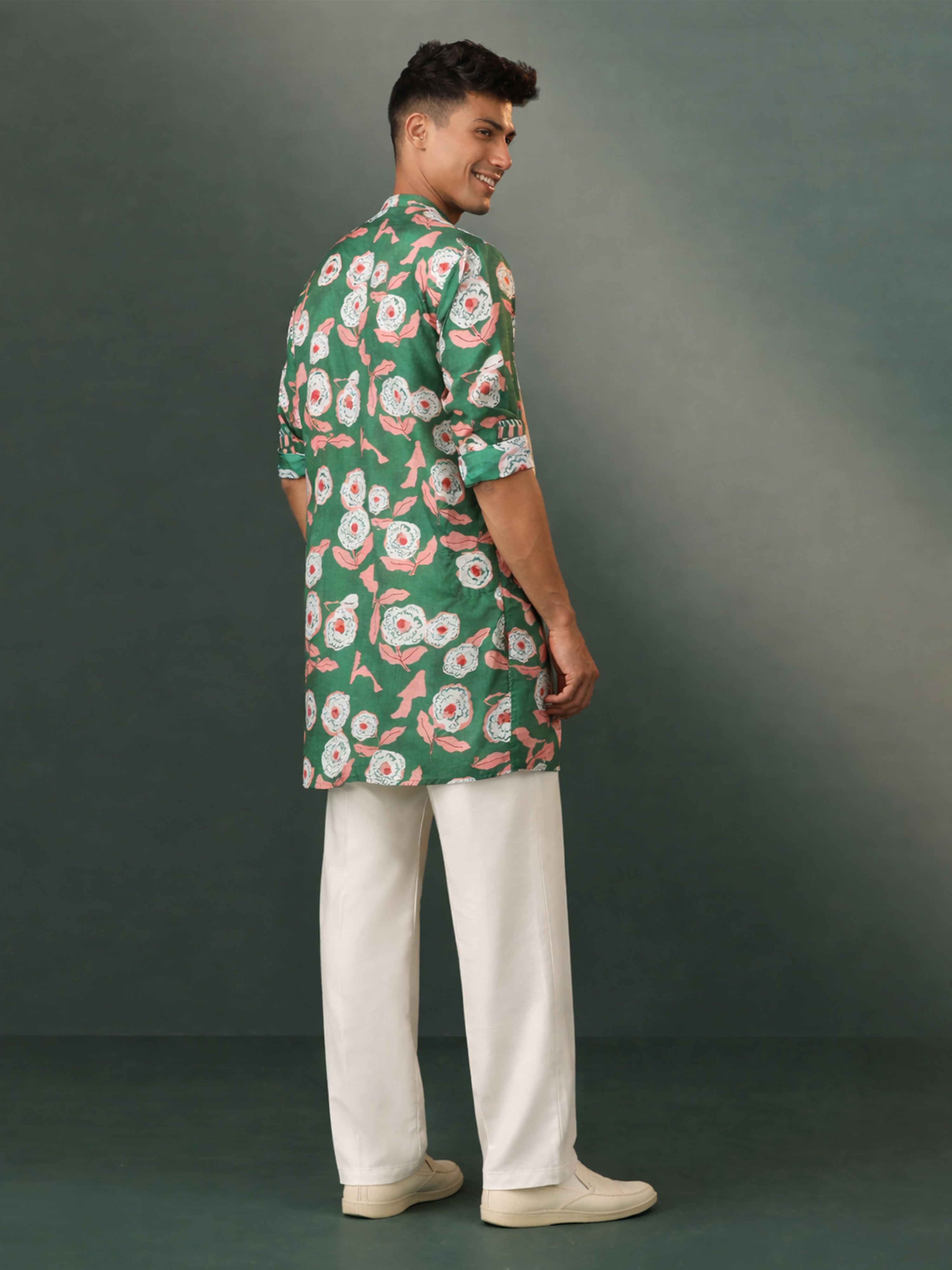 Men Green Floral Printed Plain Thigh Length Kurta Pant Set with Wide Leg Pant