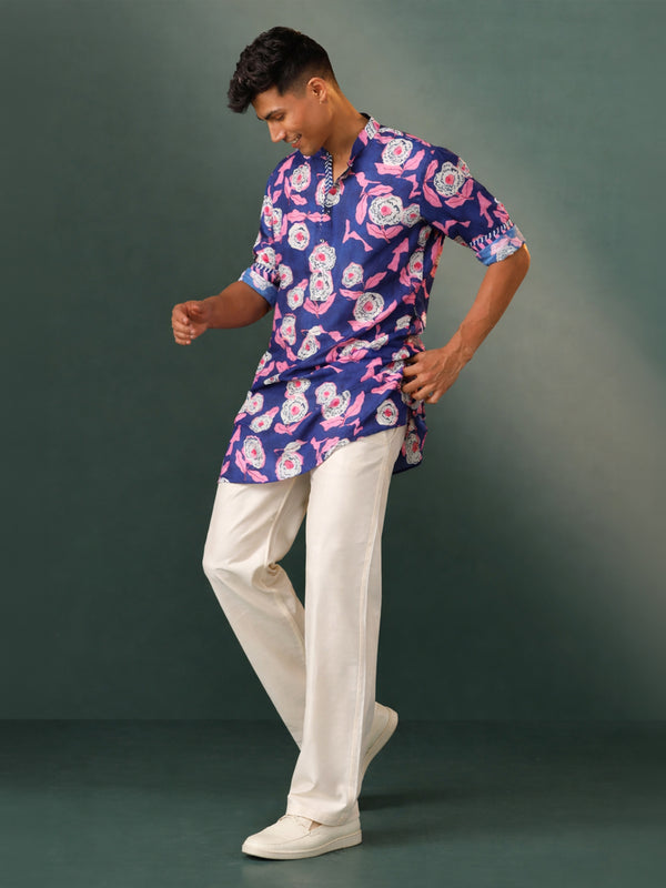 Men's Navy Blue Floral Print Cotton-Blend Kurta Pant Set