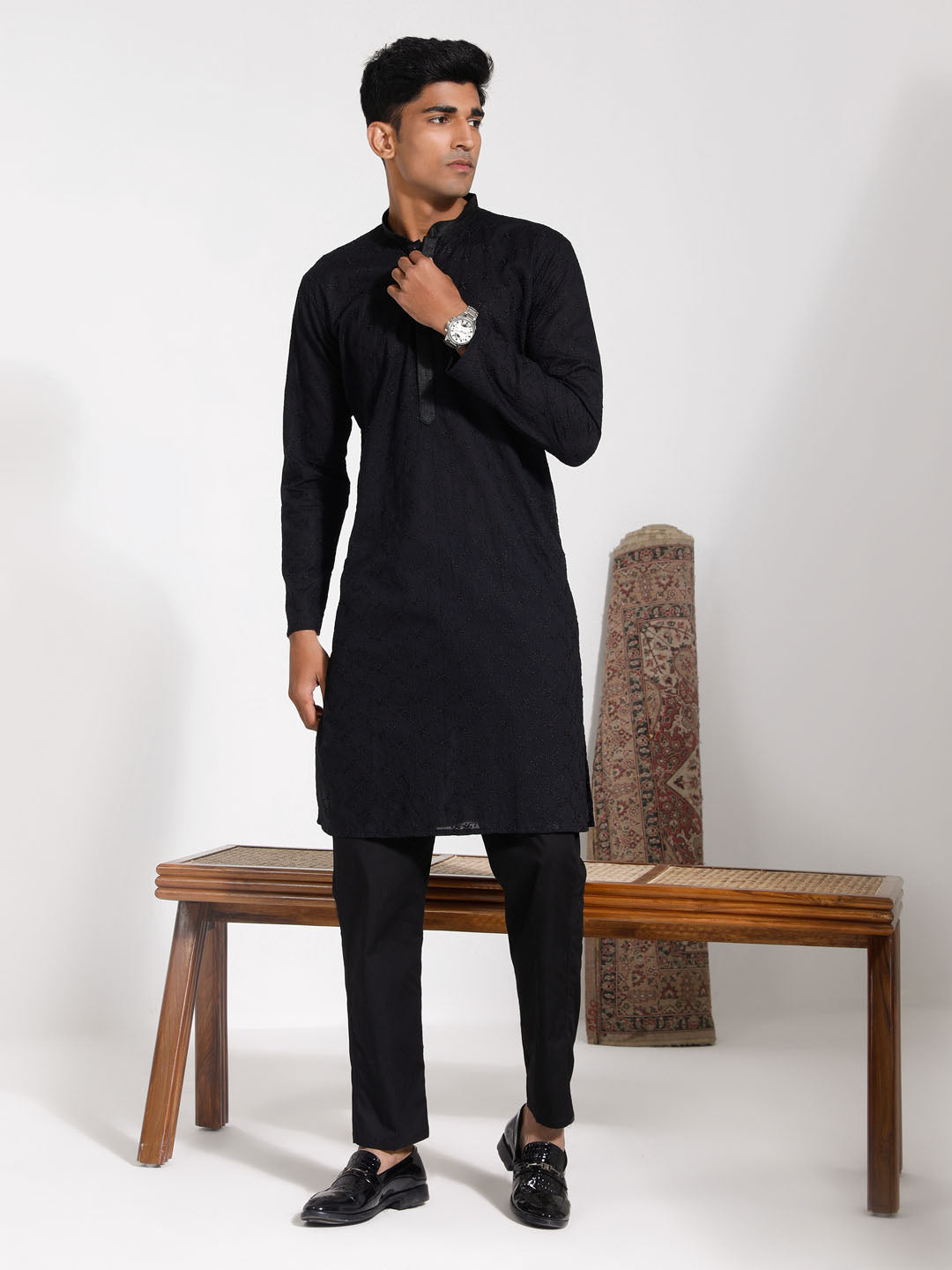 Men's Black Cotton Kurta Pyjama Set