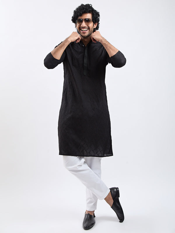 Men's Black Cotton Kurta Pyjama Set
