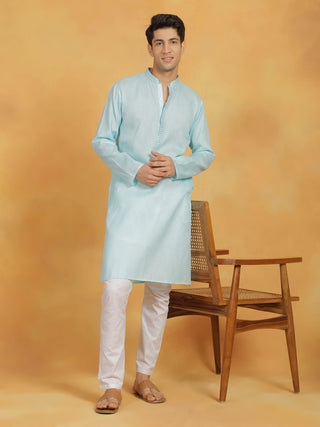 VASTRAMAY Men's Aqua And White Cotton Kurta Pyjama Set