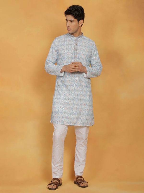 Men's Aqua And White Cotton Blend Kurta And Pyjama Set