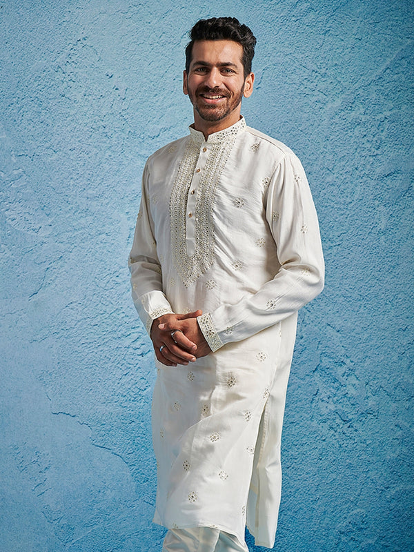 White Silk Blend Jacquard Thread Work Men's Kurta Set