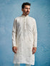 Men's White Silk Blend Geometry Thigh Length Kurta