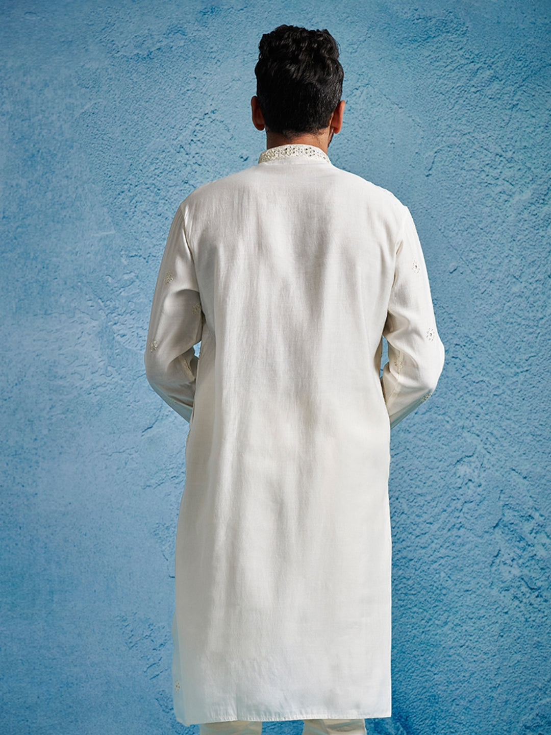 Men's White Silk Blend Geometry Thigh Length Kurta