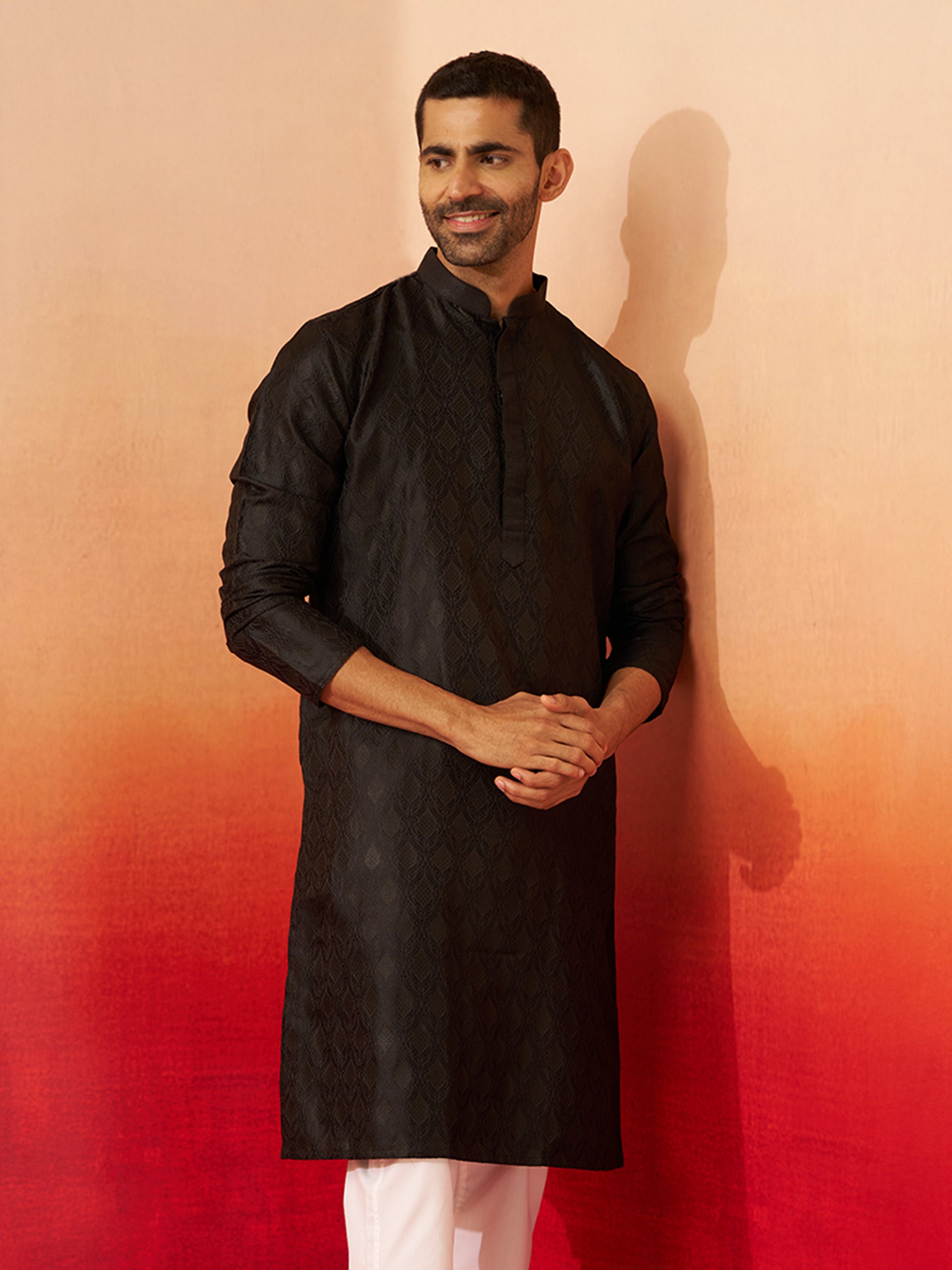 Vastramay Men Black Silk Fancy Jacquard Kurta