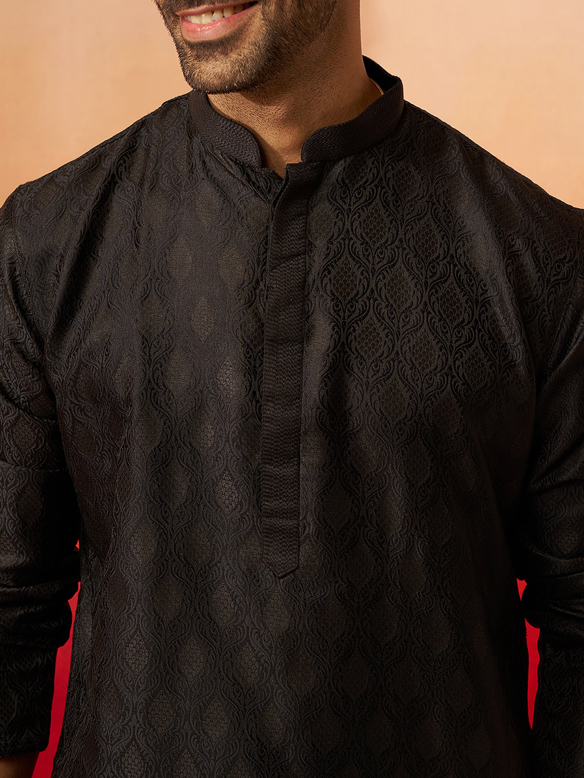 Vastramay Men Black Silk Fancy Jacquard Kurta
