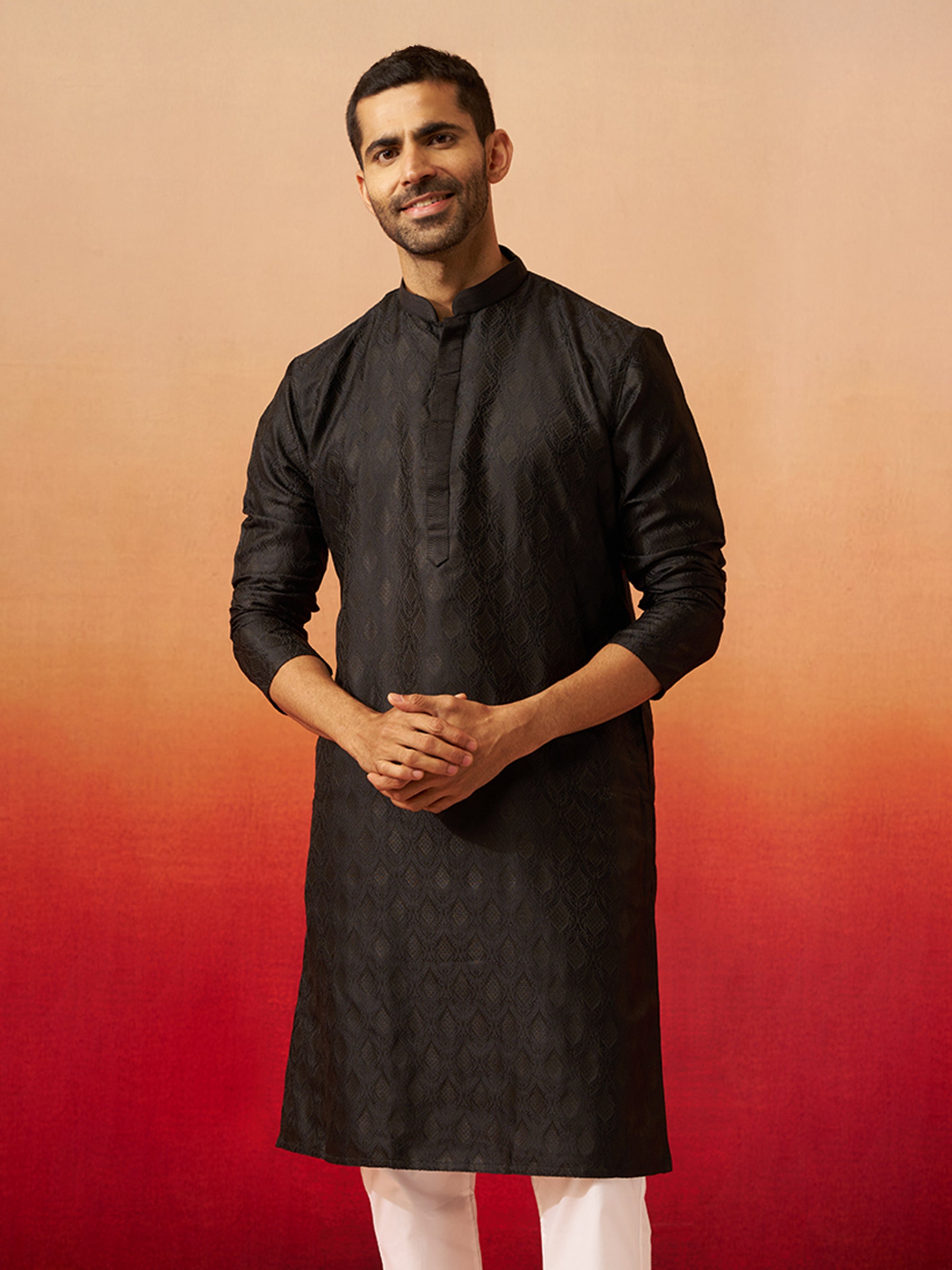 Vastramay Men Black Silk Fancy Jacquard Kurta