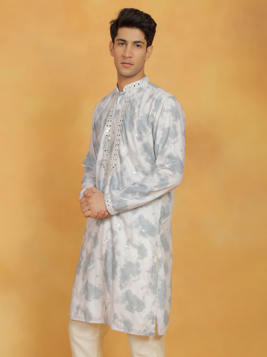 Men's Grey Cotton Blend Kurta