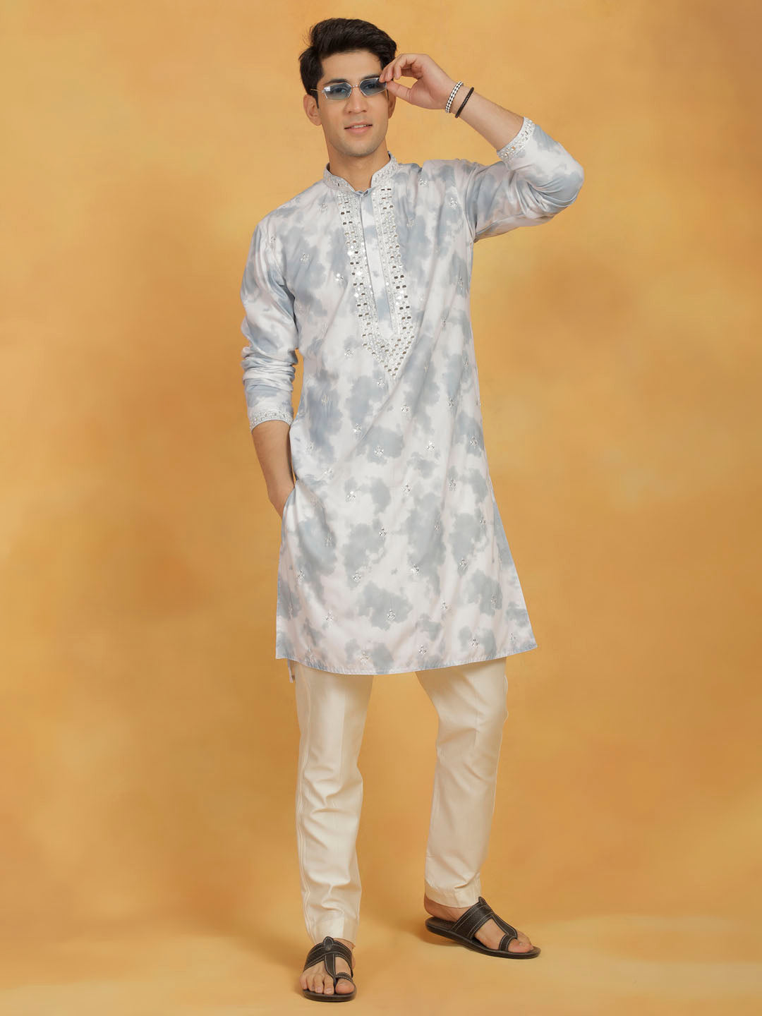 Men's Grey Cotton Blend Kurta