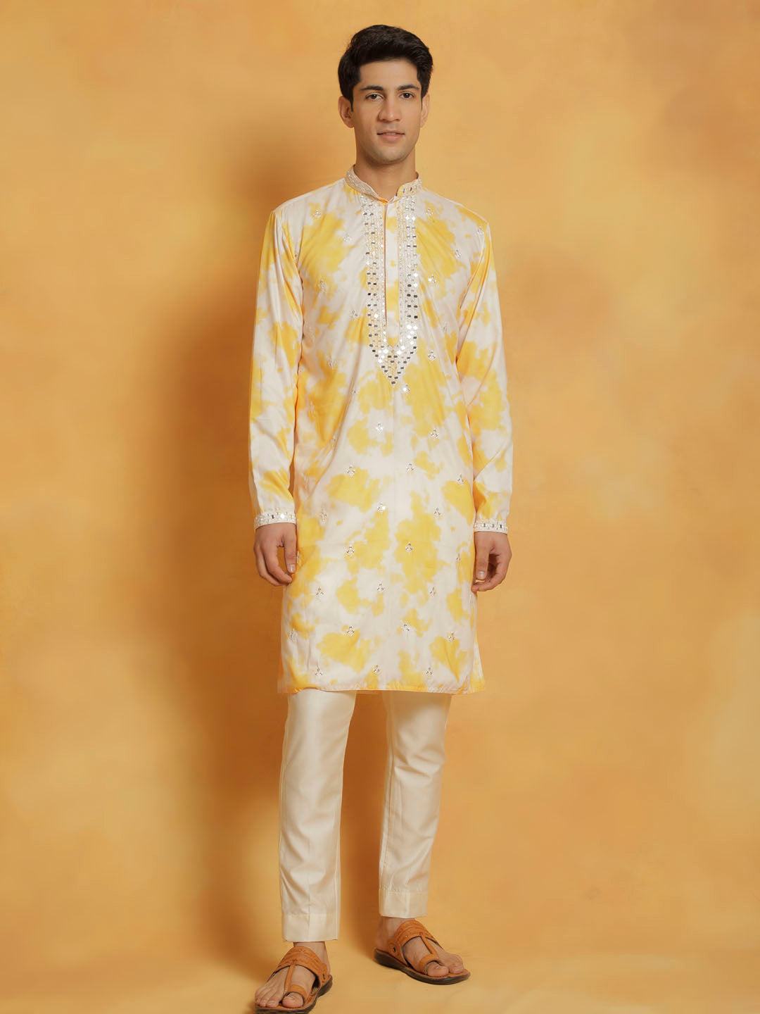 Men's Yellow And Cream Cotton Blend Kurta And Pyjama Set