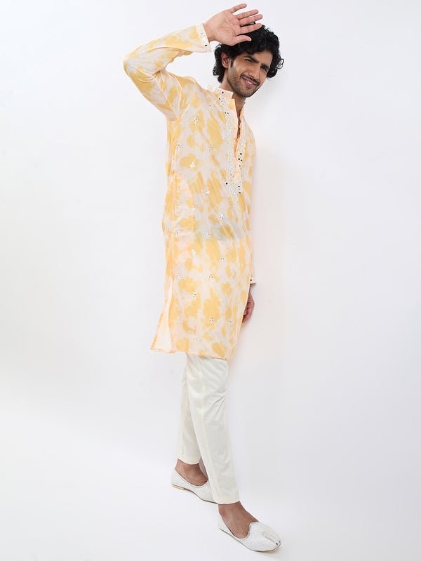 Men's Yellow And Cream Cotton Blend Kurta And Pyjama Set