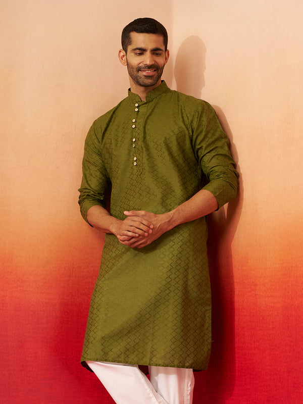 Vastramay Men Mehendi Green Cotton Geometric Jacquard Kurta