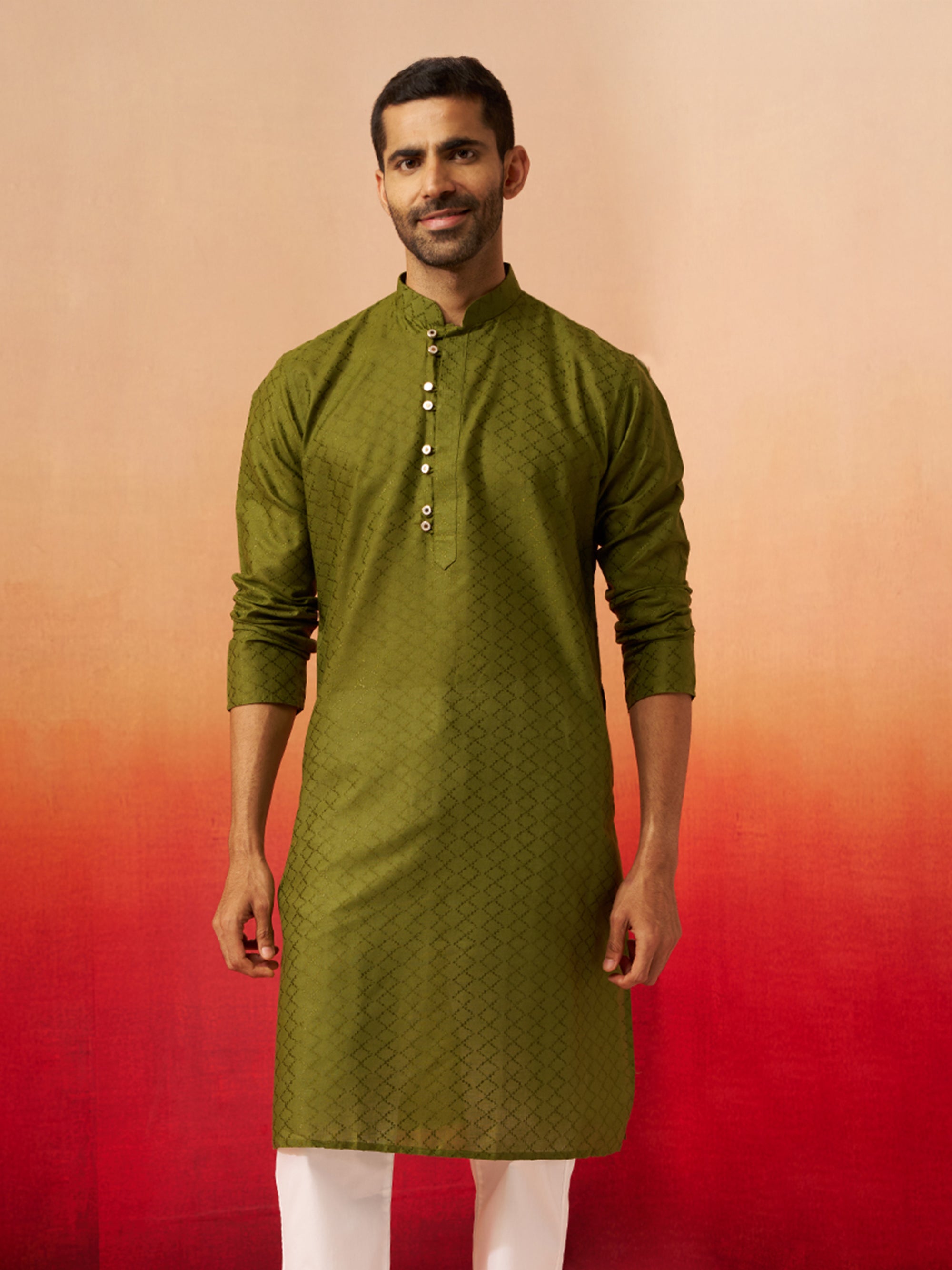 Vastramay Men Mehendi Green Cotton Geometric Jacquard Kurta