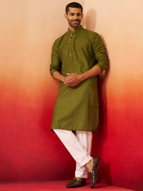 Men's Mehendi Green Jacquard Kurta with Pyjama