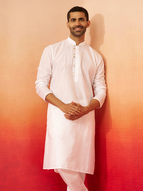 Vastramay Men White Cotton Geometric Jacquard Kurta