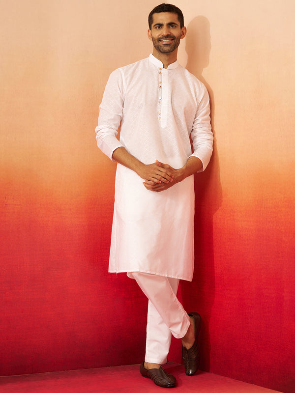 Men's White Jacquard Kurta with Pyjama