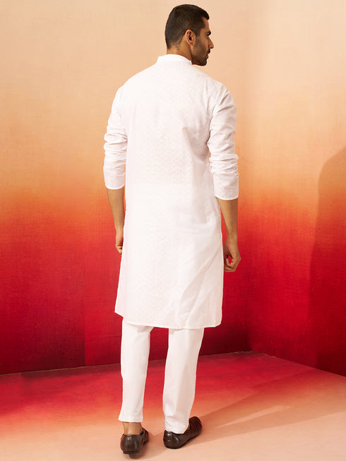 Men's White Jacquard Kurta with Pyjama