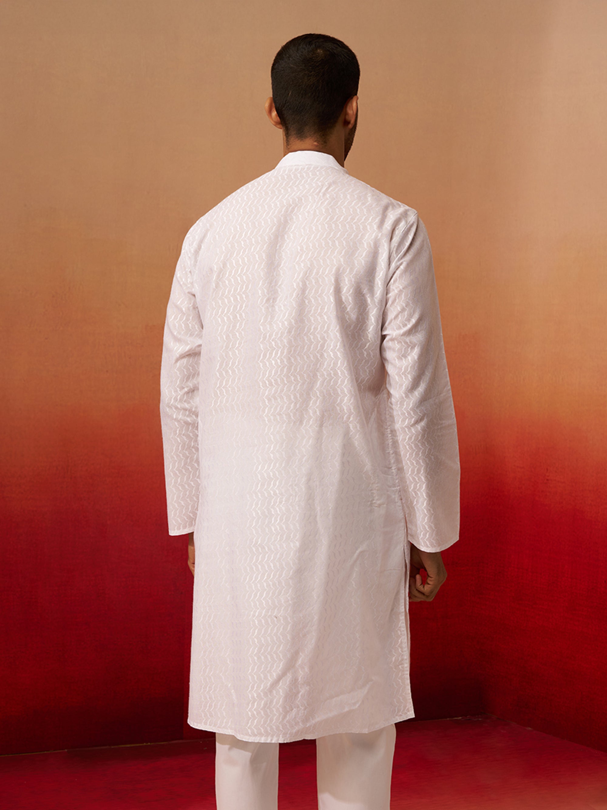 Vastramay Men White Cotton Wave Pattern Jacquard Kurta