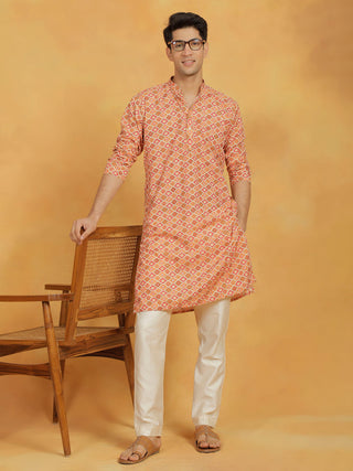 VASTRAMAY Men's Orange And Cream Maslin Kurta And Pyjama Set