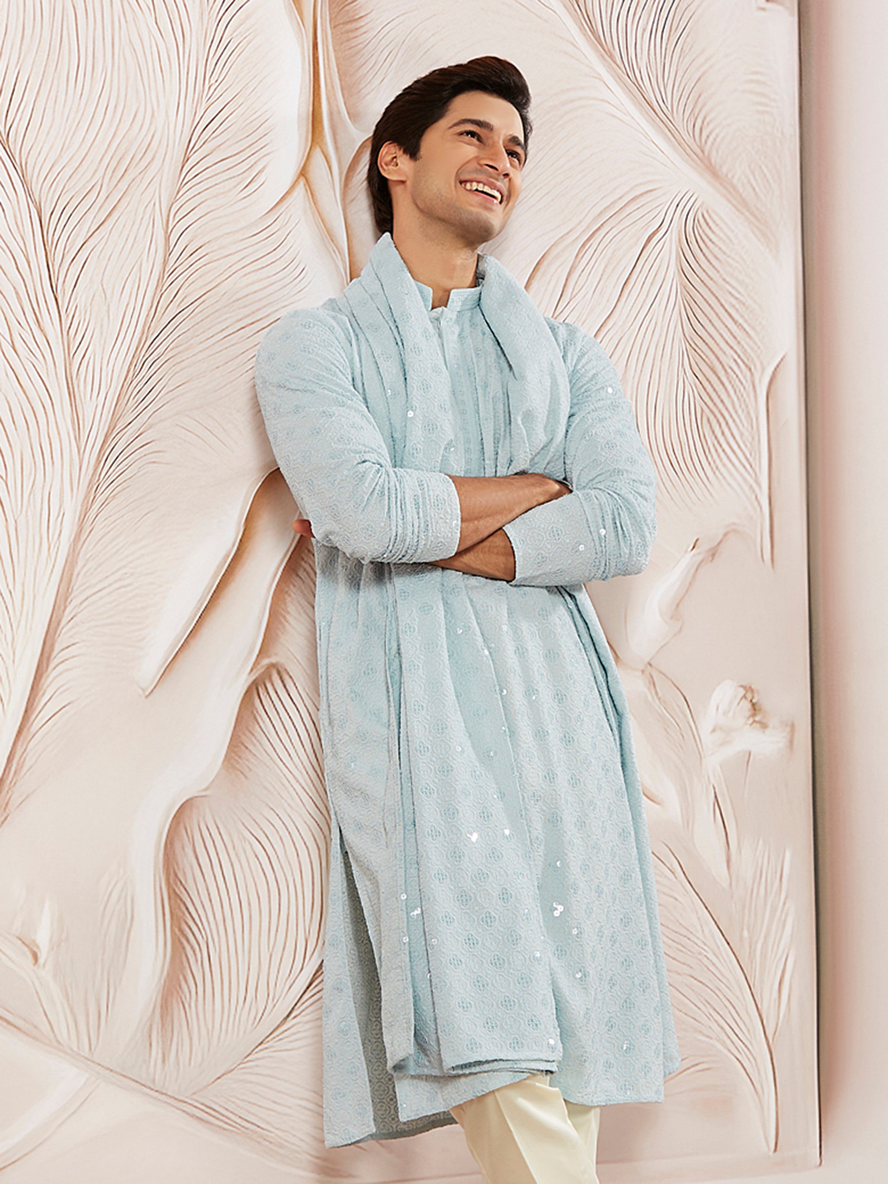 Men's Aqua Chikankari Silk Kurta with Silk Dupatta Set
