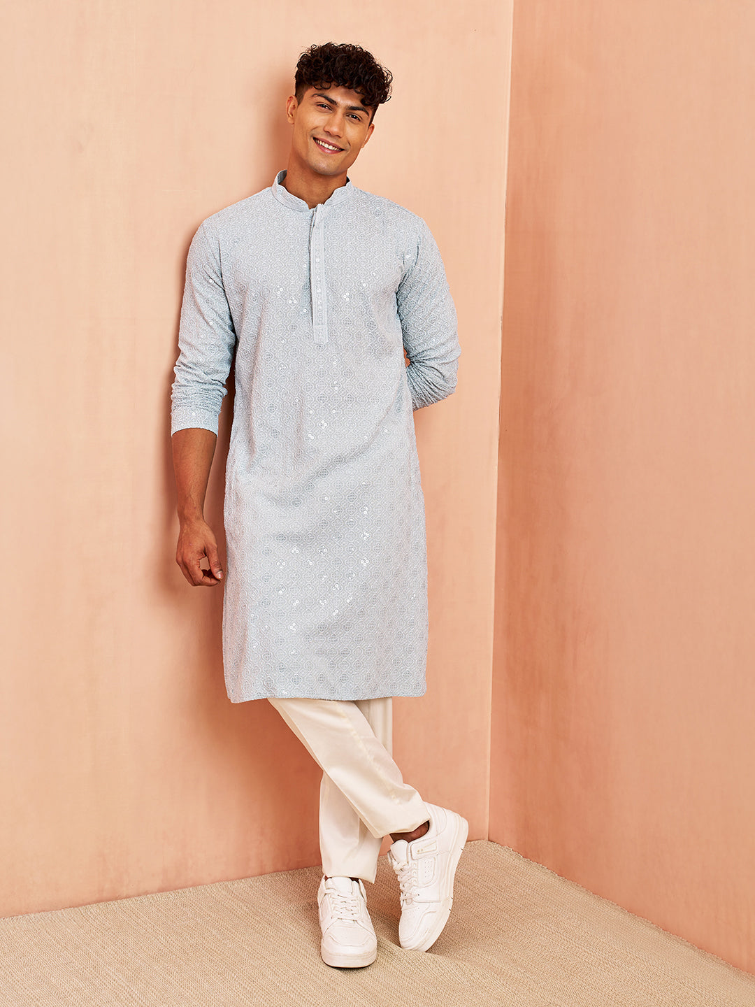 Men's Aqua Chikankari Kurta with Cream Pant Set